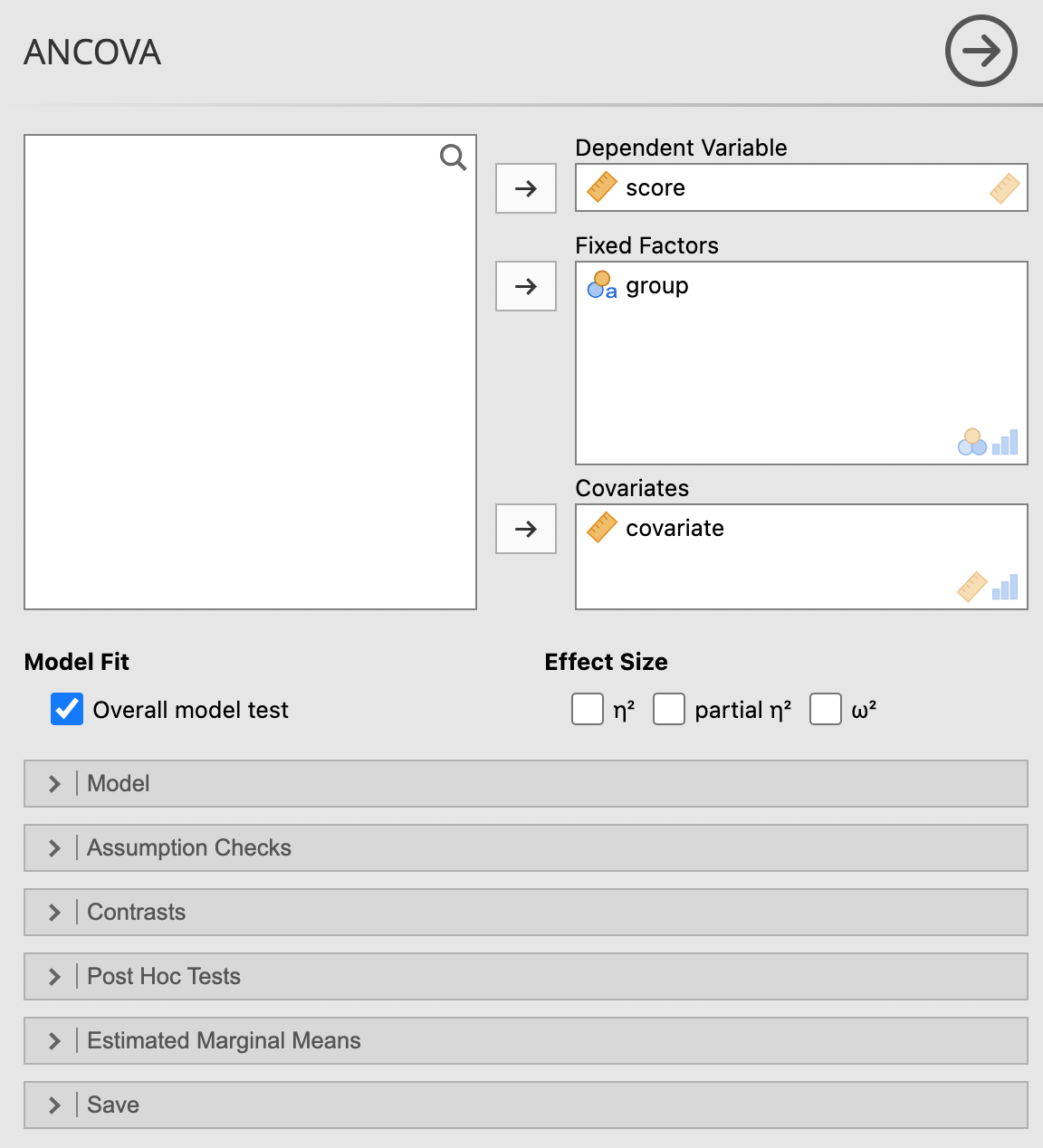 ตัวอย่างการใส่ข้อมูลลงไปเมนู ANCOVA